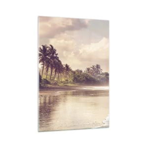 Obraz na szkle - Plaża z palmami i delikatnymi falami o poranku - 70x100cm - Pieszczota fal - Nowoczesna dekoracja ścienna do salonu i sypialni ARTTOR