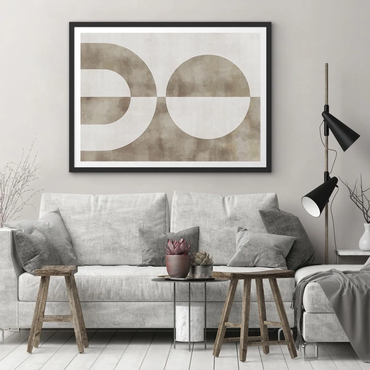 Plakat w czarnej ramie - Abstrakcyjny obraz w odcieniach beżu z geometrycznymi kształtami i symetrią - 70x50cm - Podobieństwa i różnice - Nowoczesna dekoracja ścienna do salonu i sypialni ARTTOR