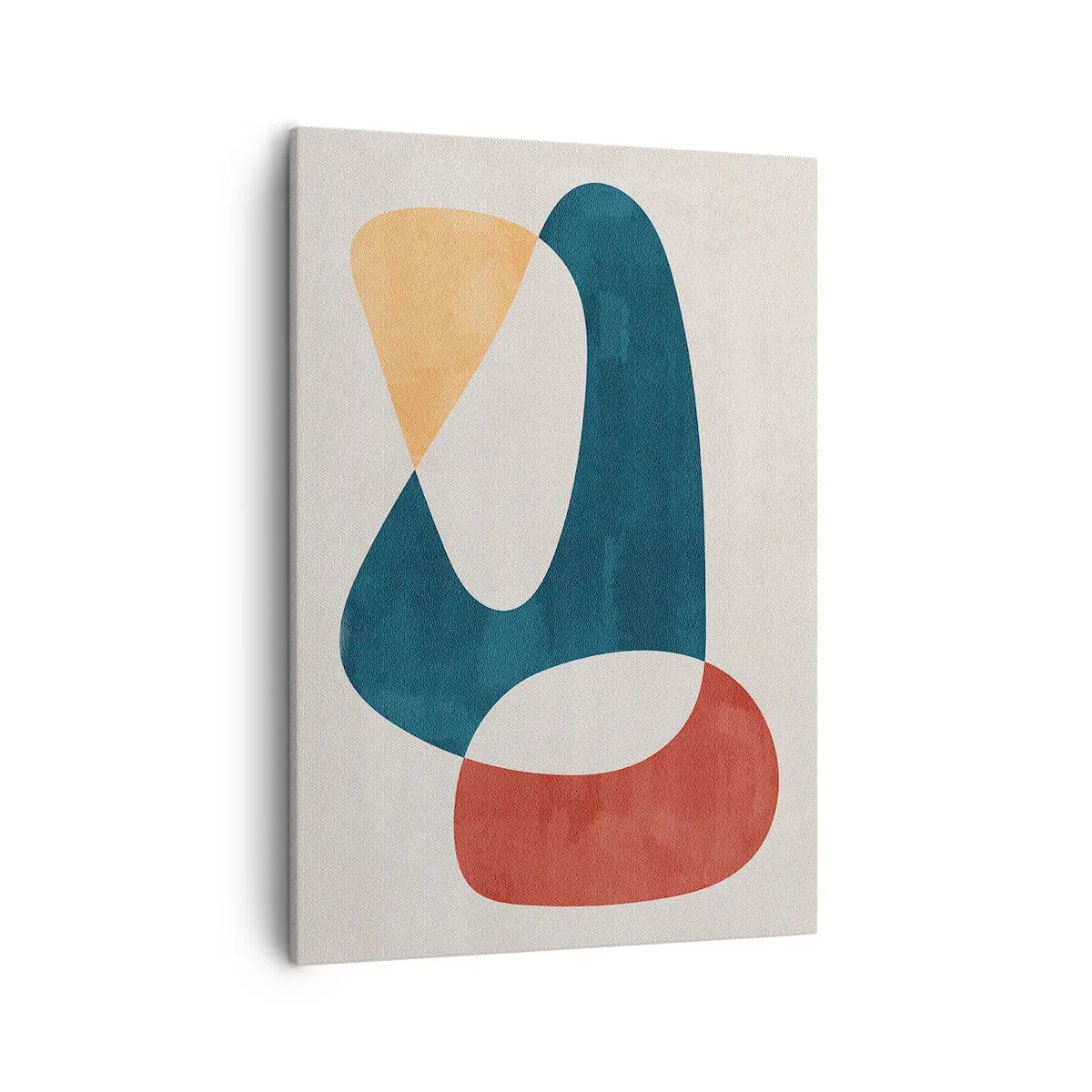 Obraz na płótnie - Minimalistyczna kompozycja abstrakcyjnych kształtów w odcieniach niebieskiego, czerwieni i beżu - 50x70cm - Wpływy i metamorfozy - Nowoczesna dekoracja ścienna do salonu, kuchni i sypialni ARTTOR