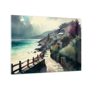 Obraz na szkle - Spacerowa alejka nadmorska przy kolorowych domach i wodzie - 70x50cm - Śródziemnomorskie miasteczko - Nowoczesna dekoracja ścienna do salonu i sypialni ARTTOR