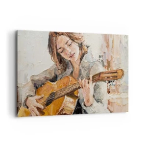 Obraz na płótnie - Portret dziewczyny grającej na gitarze w malarskim stylu z ciepłymi barwami - 120x80cm - Koncert na gitarę i dziewczęce serce - Nowoczesna dekoracja ścienna do salonu, kuchni i sypialni ARTTOR