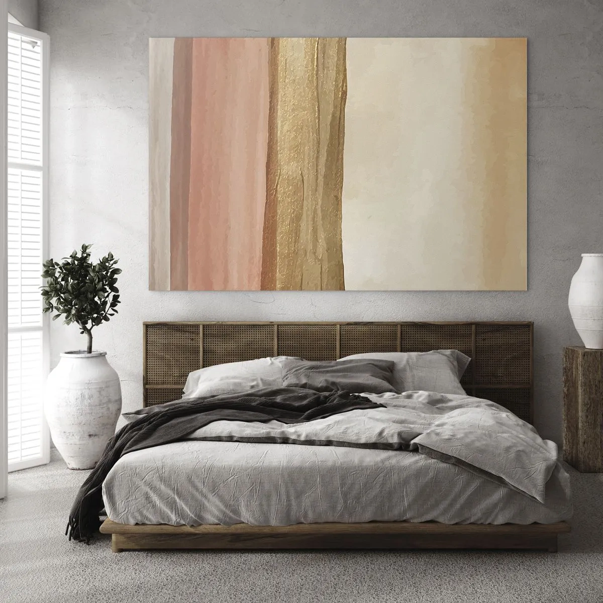 Obraz na szkle - Abstrakcyjne pasy w ciepłych odcieniach beżu i złota - 70x50cm - Kompozycja wertykalna - Nowoczesna dekoracja ścienna do salonu i sypialni ARTTOR