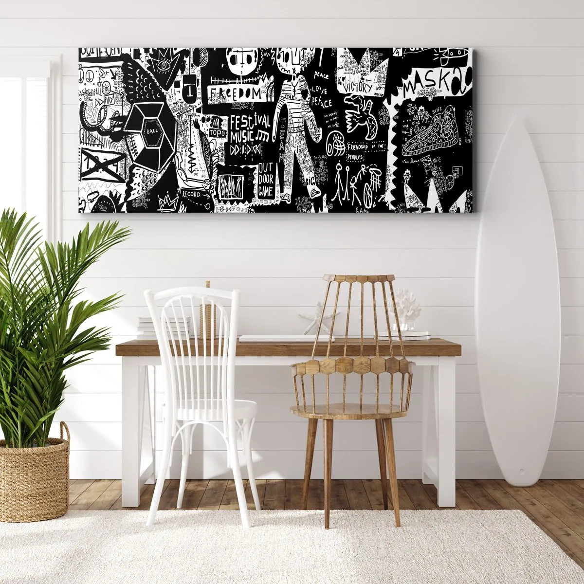Obraz na płótnie - Czarno-biały kolaż inspirowany sztuką uliczną - 140x50cm - Duchowej młodości prawa i radości - Nowoczesna dekoracja ścienna do salonu i sypialni ARTTOR