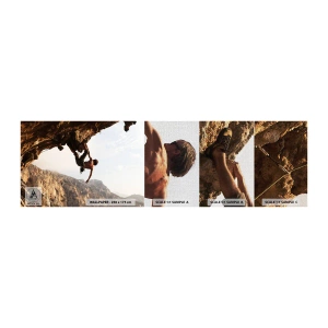 Fototapeta Próbka Premium Canvas - Świat skurczony w garści na obrywie głazu - Wyspa Kalymnos, Wspinaczka Skałkowa, Krajobraz - 100x30 cm