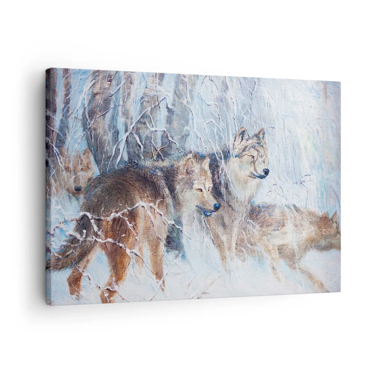 Obraz na płótnie - Wilki w zimowym lesie na tle śnieżnej scenerii - 70x50cm - Uwaga! Nadchodzi… - Nowoczesna dekoracja ścienna do salonu i sypialni ARTTOR