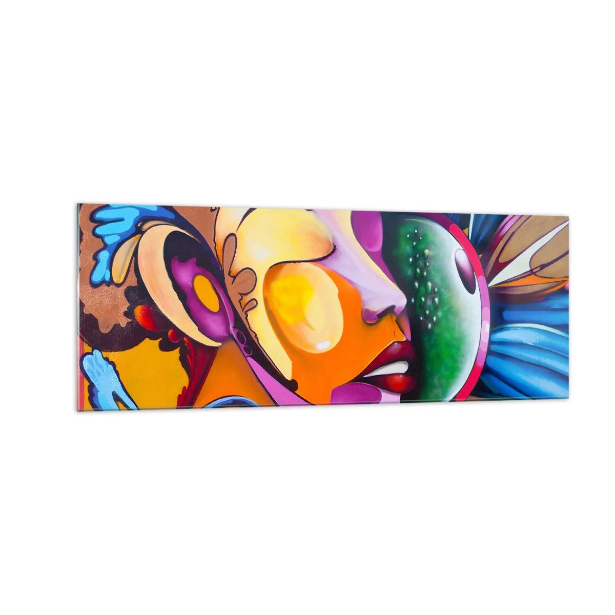 Obraz na szkle - Kolorowa abstrakcja z motywem twarzy w dynamicznej kompozycji - 140x50cm - Dotknąć kolorem - Nowoczesna dekoracja ścienna do salonu i sypialni ARTTOR