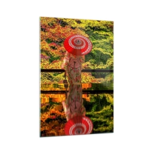 Obraz na szkle - Kobieta w kimonie z parasolem na tle jesiennego krajobrazu - 70x100cm - W świątyni natury - Nowoczesna dekoracja ścienna do salonu i sypialni ARTTOR