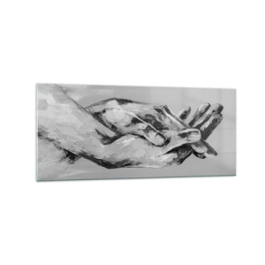 Obraz na szkle - Czarno-biała kompozycja dwóch splecionych dłoni na jasnym tle - 120x50cm - Początek… - Nowoczesna dekoracja ścienna do salonu i sypialni ARTTOR
