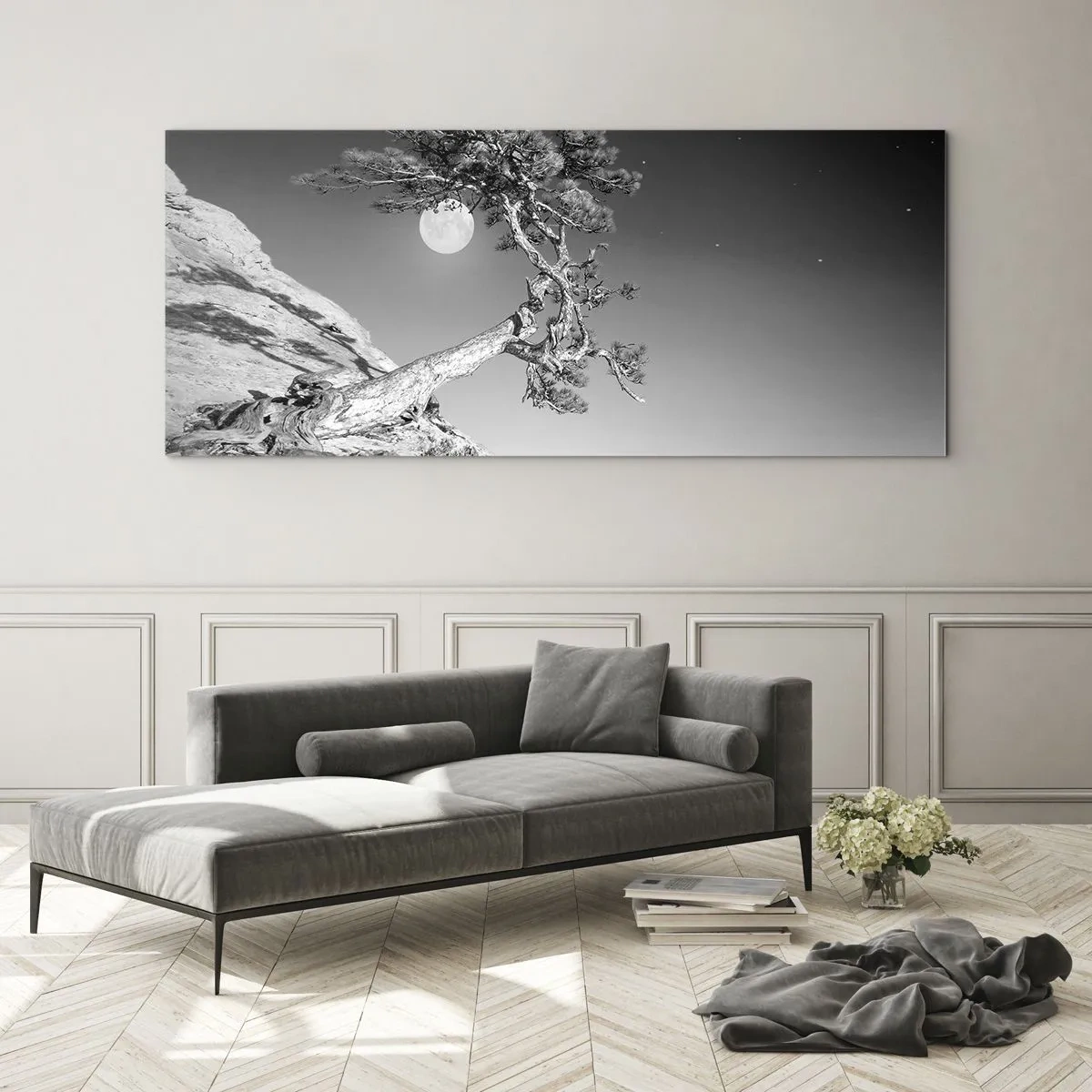 Obraz na szkle - Czarno-białe drzewo na klifie z księżycem w tle - 120x50cm - Zwycięska wojowniczka - Nowoczesna dekoracja ścienna do salonu i sypialni ARTTOR