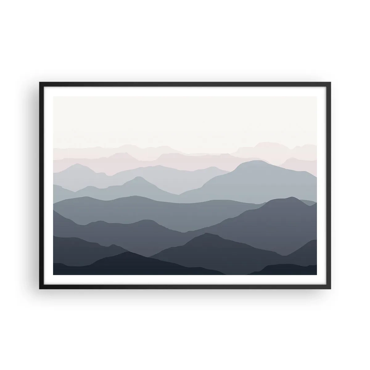 Plakat w czarnej ramie - Subtelne warstwy gór w odcieniach szarości i błękitu - 100x70cm - Fale gór - Nowoczesna dekoracja ścienna do salonu i sypialni ARTTOR