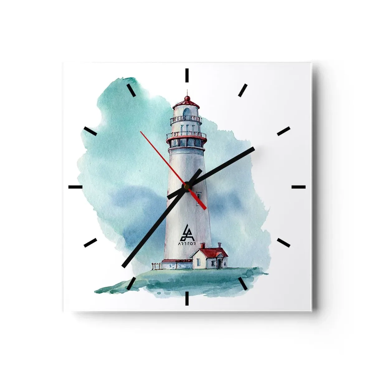 Zegar ścienny - Latarnia morska na tle akwarelowego błękitu - 30x30cm - Łagodna siostra błękitu - Nowoczesna dekoracja ścienna do salonu i sypialni ARTTOR