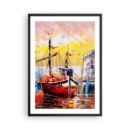 Plakat w czarnej ramie - Malowniczy statek na tle zachodzącego słońca - 50x70cm - Szczęśliwy powrót - Nowoczesna dekoracja ścienna do salonu i sypialni ARTTOR