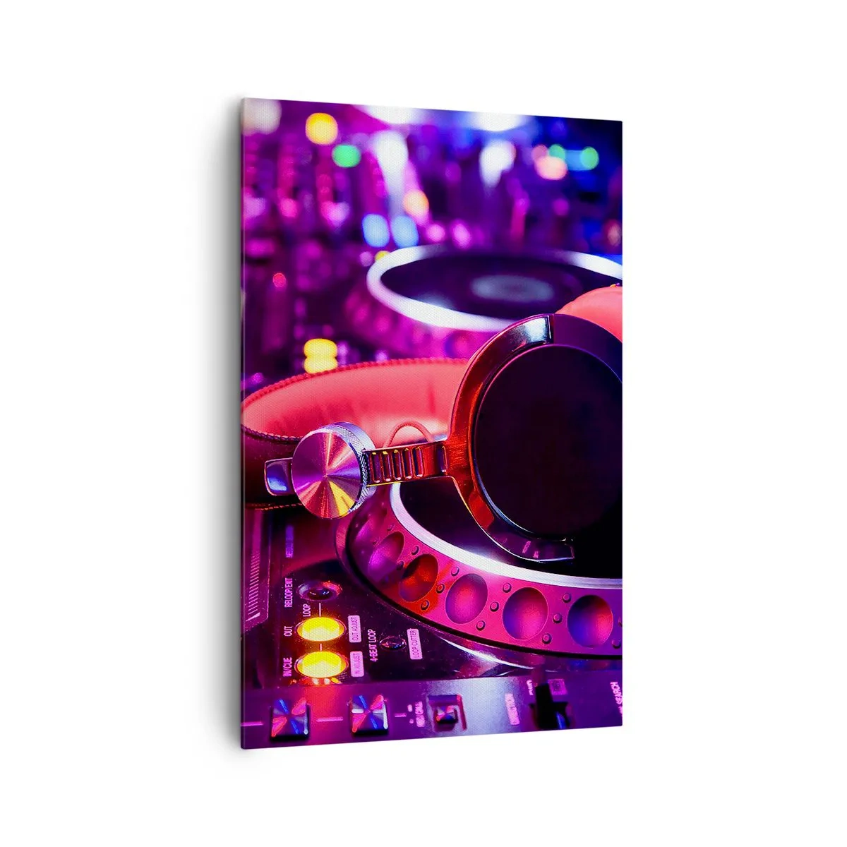 Obraz na płótnie - Słuchawki DJ na konsolecie w neonowym oświetleniu - 80x120cm - Zanim się zacznie zabawa - Nowoczesna dekoracja ścienna do salonu i sypialni ARTTOR