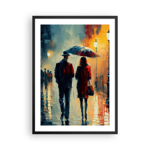 Plakat w czarnej ramie - Romantyczna para pod parasolem w deszczu - 50x70cm - Miejska love story - Nowoczesna dekoracja ścienna do salonu i sypialni ARTTOR