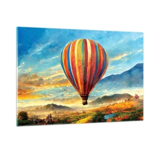 Obraz na szkle - Kolorowy balon unoszący się nad górskim krajobrazem - 120x80cm - W ciszy widać więcej - Nowoczesna dekoracja ścienna do salonu, kuchni i sypialni ARTTOR