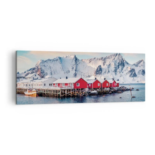 Obraz na płótnie - Czerwone domki na tle śnieżnych gór i błękitnego morza - 140x50cm - Północne ustronie - Nowoczesna dekoracja ścienna do salonu i sypialni ARTTOR