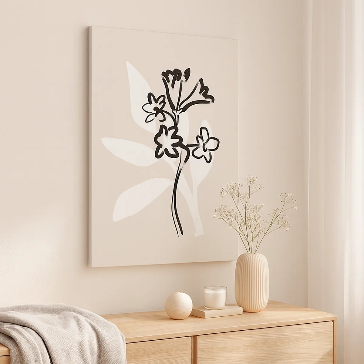 Obraz na płótnie - Czarno-biała grafika kwiatów na jasnym tle w stylu line art - 50x70cm - Szkic do zielnika - Nowoczesna dekoracja ścienna do salonu, kuchni i sypialni ARTTOR