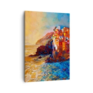 Obraz na płótnie - Kolorowa nadmorska wioska na klifie - 50x70cm - Włoskie klimaty - Nowoczesna dekoracja ścienna do salonu, kuchni i sypialni ARTTOR