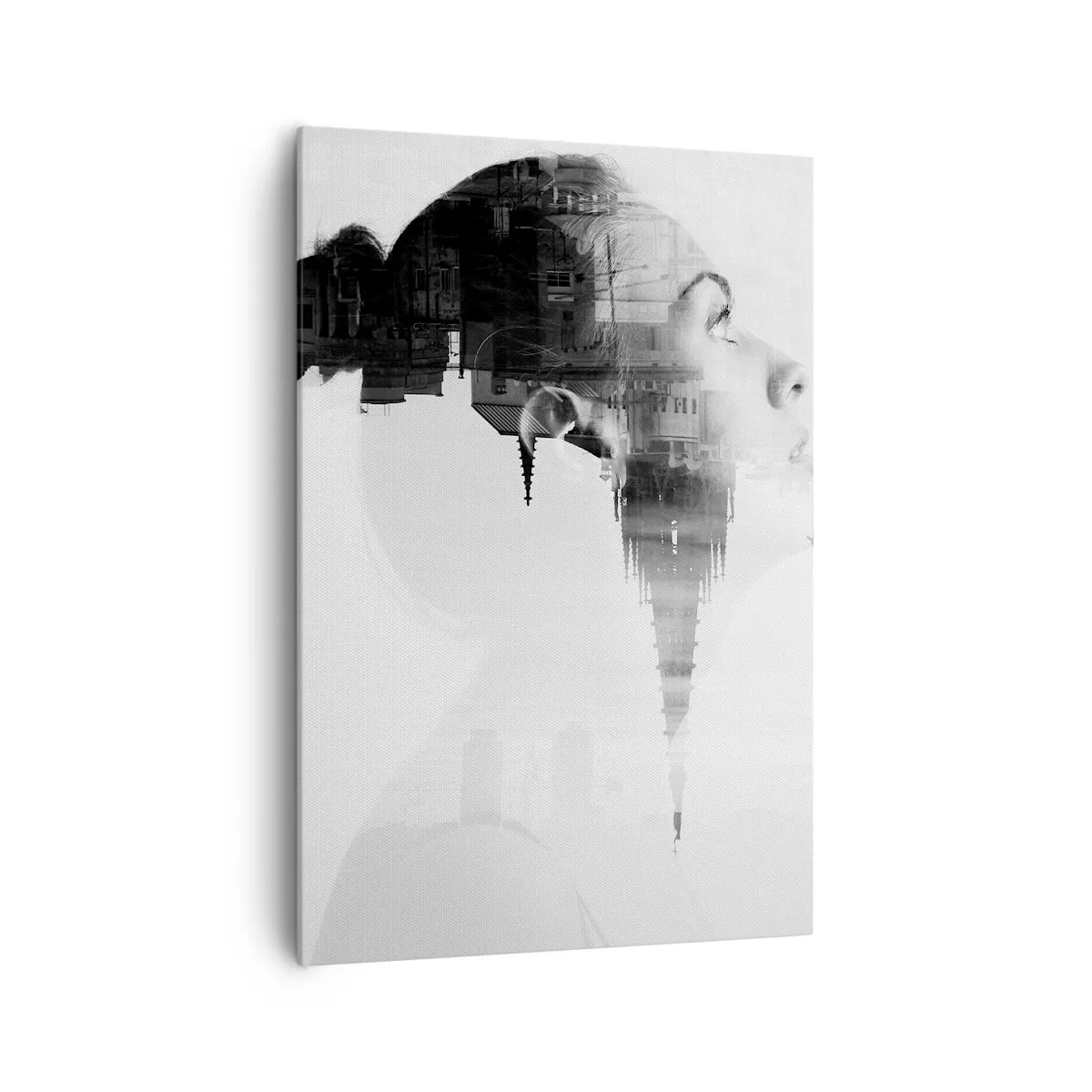 Obraz na płótnie - Portret kobiety z konturami miasta w tle, czarno-białe barwy - 70x100cm - Po dwóch stronach szyby - Nowoczesna dekoracja ścienna do salonu i sypialni ARTTOR