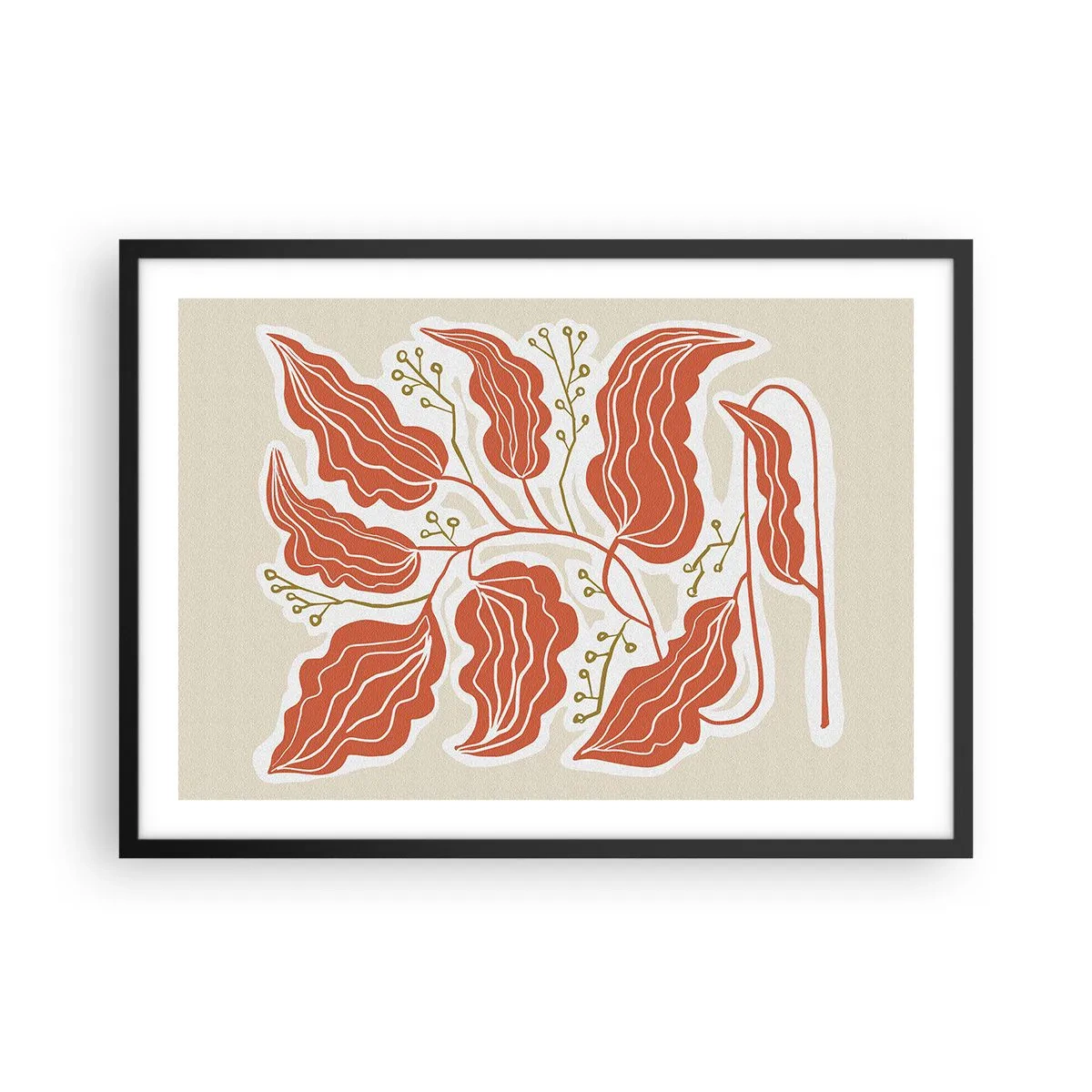 Plakat w czarnej ramie - Minimalistyczny motyw liści w odcieniach pomarańczowego i zielonego - 70x50cm - Ludowo i koralowo - Nowoczesna dekoracja ścienna do salonu i sypialni ARTTOR