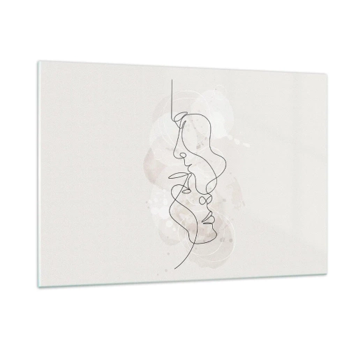 Obraz na szkle - Minimalistyczny rysunek twarzy dwóch osób w subtelnym, zmysłowym uścisku - 120x80cm - Splątani w uścisku - Nowoczesna dekoracja ścienna do salonu, kuchni i sypialni ARTTOR