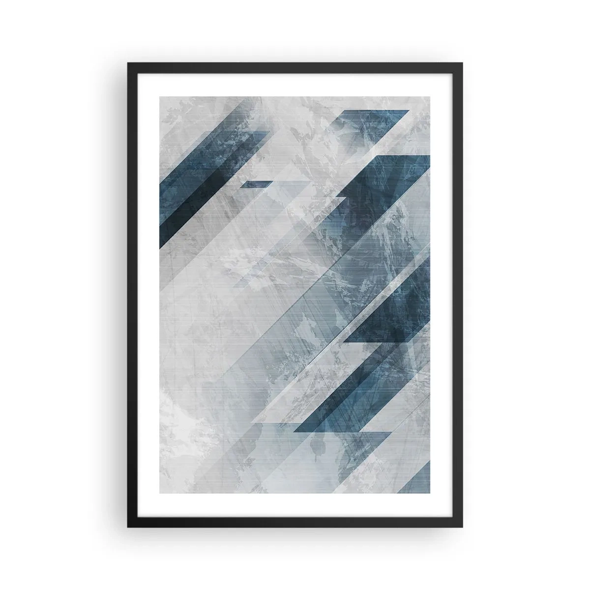 Plakat w czarnej ramie - Geometria w odcieniach niebieskiego i szarości - 50x70cm - Kompozycja przestrzenna – ruch szarości - Nowoczesna dekoracja ścienna do salonu i sypialni ARTTOR