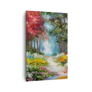 Obraz na płótnie - Malowniczy ogród pełen kolorowych kwiatów i drzew w leśnej scenerii - 80x120cm - Leśny ogród, kwietny las - Nowoczesna dekoracja ścienna do salonu i sypialni ARTTOR