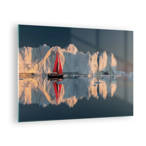 Obraz na szkle - Żaglówka z czerwonym żaglem przy górach lodowych o zachodzie - 70x50cm - Na krańcu świata - Nowoczesna dekoracja ścienna do salonu i sypialni ARTTOR