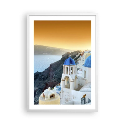 Plakat w białej ramie - Santorini - przytulone do skał - 50x70 cm