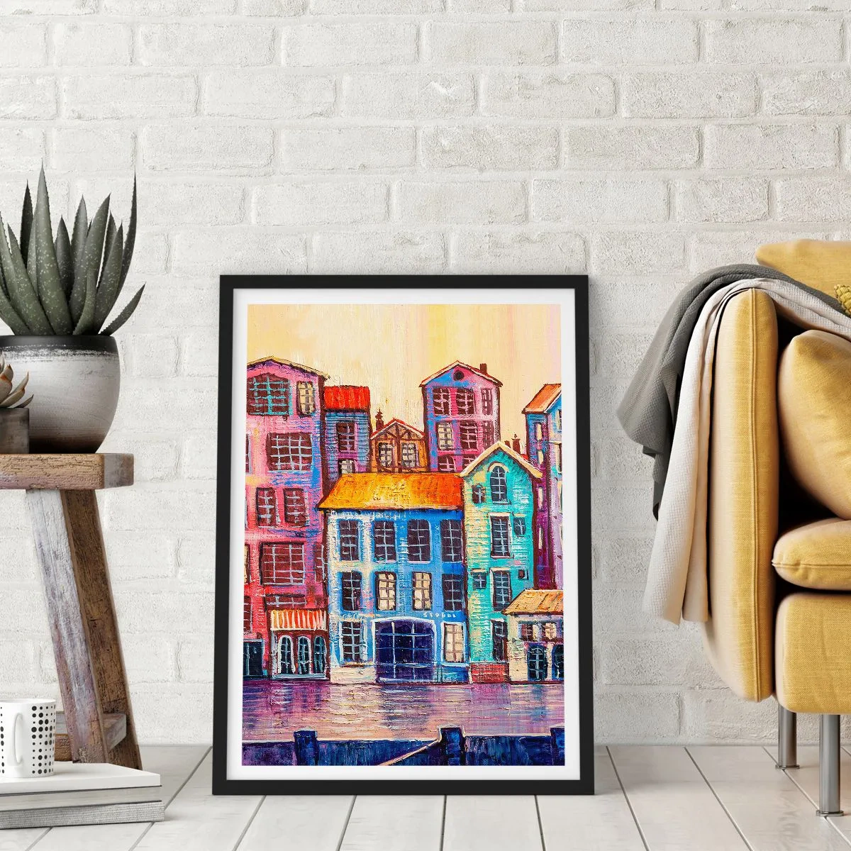 Plakat w czarnej ramie - Kolorowe kamienice nad wodą w malarskim stylu - 50x70cm - Miasto jak z bajki - Nowoczesna dekoracja ścienna do salonu i sypialni ARTTOR
