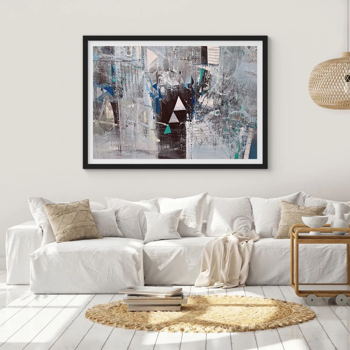 Plakat w czarnej ramie - Abstrakcyjna kompozycja z trójkątami i geometrycznymi wzorami - 70x50cm - Nadrzędny porządek trójkątów - Nowoczesna dekoracja ścienna do salonu i sypialni ARTTOR