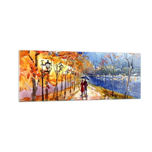 Obraz na szkle - Jesienny spacer w parku nad brzegiem rzeki pod parasolem - 140x50cm - Razem do granicy czasu - Nowoczesna dekoracja ścienna do salonu i sypialni ARTTOR