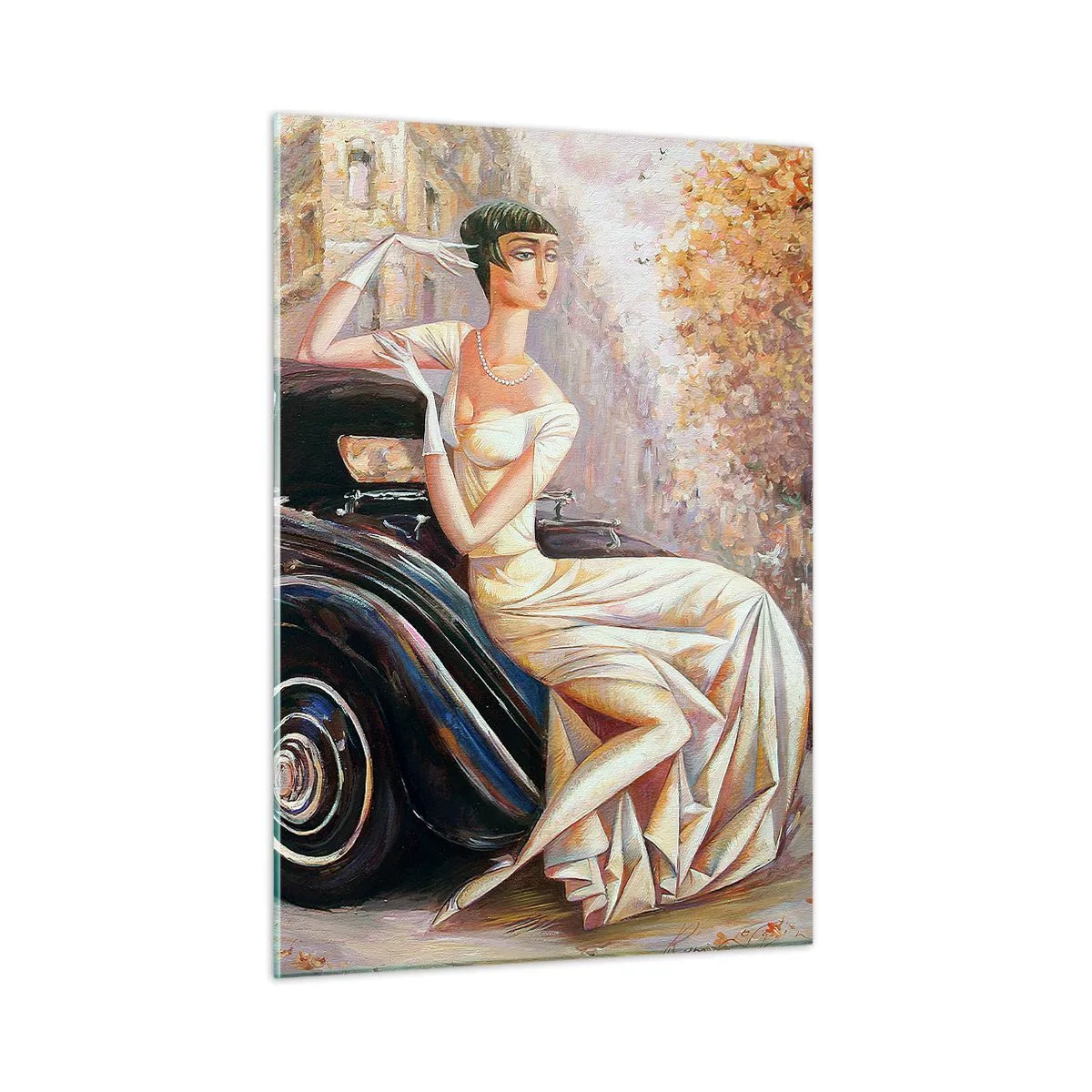 Obraz na szkle - Elegancka kobieta przy retro samochodzie w miejskim otoczeniu - 50x70cm - Elegancja w stylu retro - Nowoczesna dekoracja ścienna do salonu, kuchni i sypialni ARTTOR