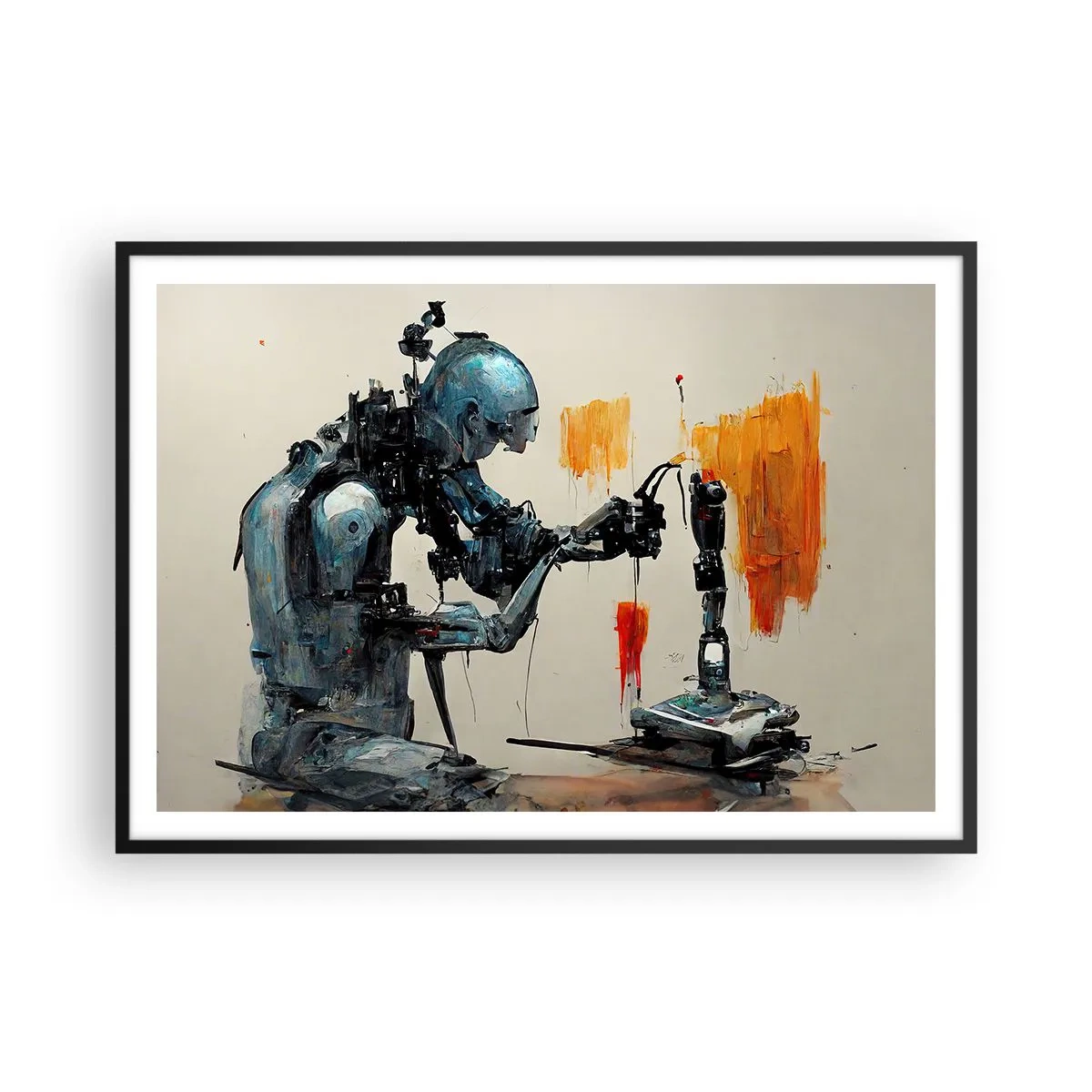 Plakat w czarnej ramie - Robot przy pracy z abstrakcyjnym tłem - 100x70cm - Już jutro… - Nowoczesna dekoracja ścienna do salonu i sypialni ARTTOR