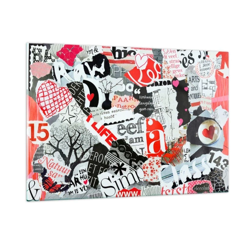 Obraz na szkle - Kolaż z liter, serc i drzew w stylu artystycznym - 120x80cm - Hipsterski kolaż - Nowoczesna dekoracja ścienna do salonu, kuchni i sypialni ARTTOR