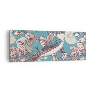 Obraz na płótnie - Ptak na gałęzi w delikatnym floralnym stylu - 140x50cm - W białodrzewiu ćwirnie i srebliście - Nowoczesna dekoracja ścienna do salonu i sypialni ARTTOR