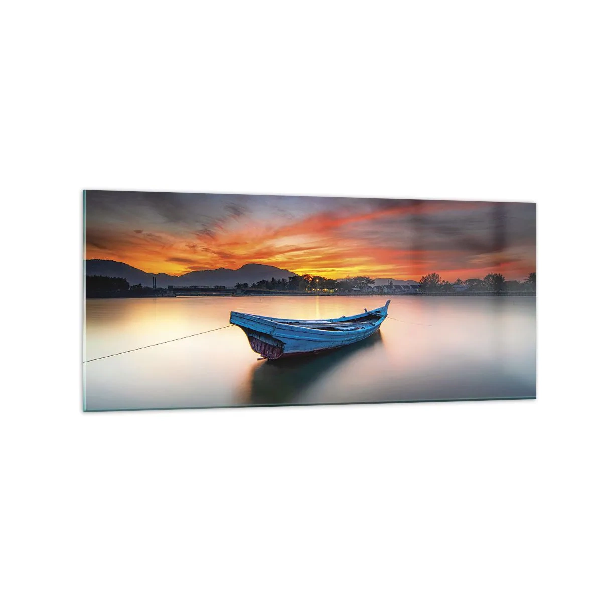 Obraz na szkle - Łódź na wodzie podczas malowniczego zachodu słońca - 120x50cm - Nadchodzi dobra noc - Nowoczesna dekoracja ścienna do salonu i sypialni ARTTOR