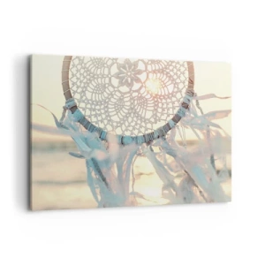 Obraz na płótnie - Delikatny łapacz snów na tle zachodzącego słońca - 100x70cm - Koronkowy totem - Nowoczesna dekoracja ścienna do salonu, kuchni i sypialni ARTTOR