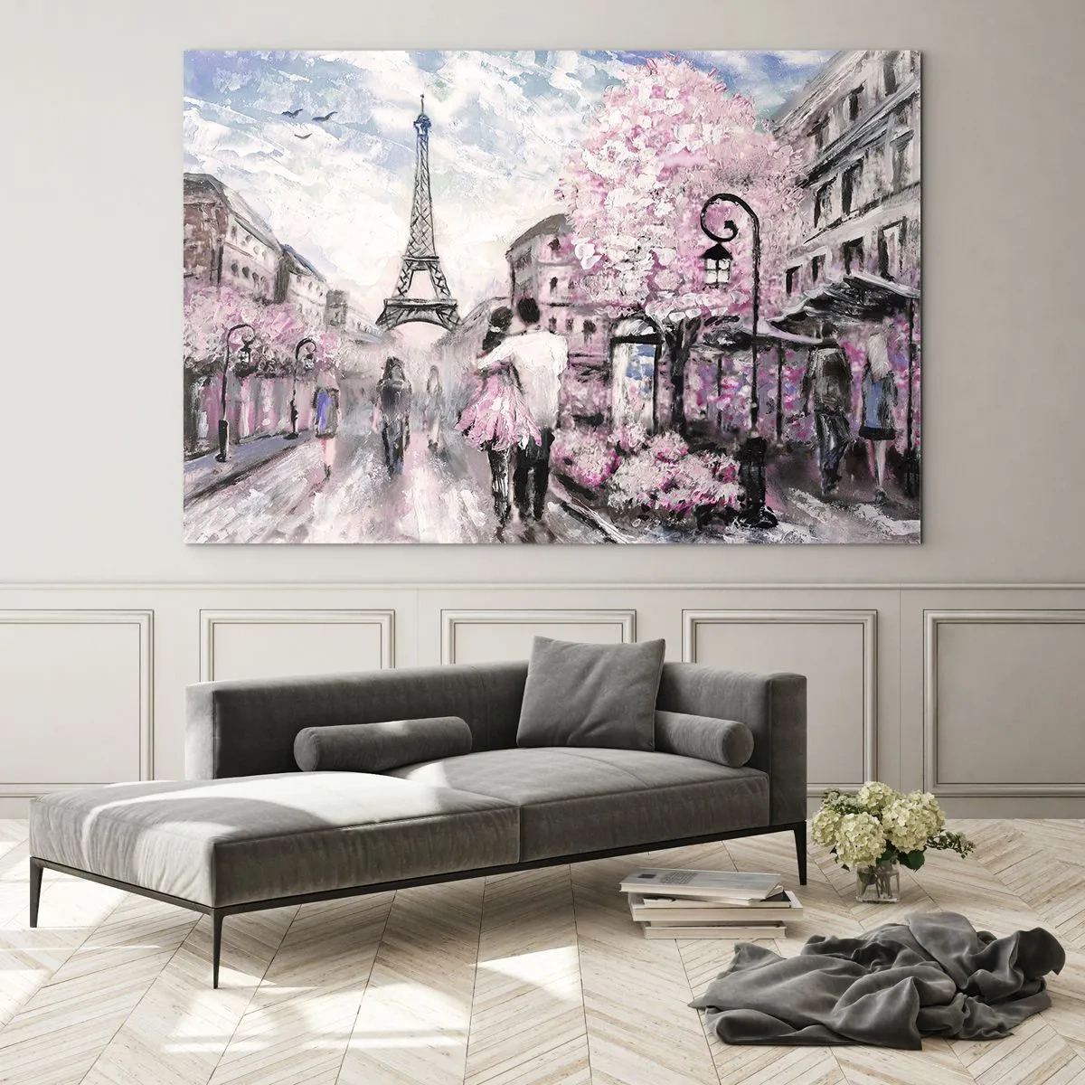 Obraz na szkle - Romantyczna para w Paryżu z Wieżą Eiffla w tle - 100x70cm - Jak zakochac się, to tylko w… - Nowoczesna dekoracja ścienna do salonu, kuchni i sypialni ARTTOR