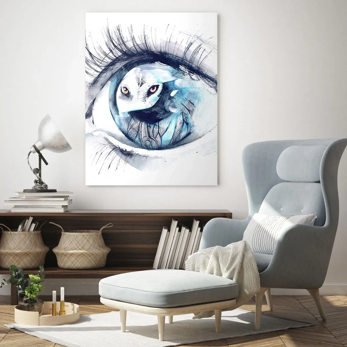 Obraz na szkle - Kobiece oko z motywem sowy w stylu akwareli - 50x70cm - Oko w oko z dzikością - Nowoczesna dekoracja ścienna do salonu, kuchni i sypialni ARTTOR