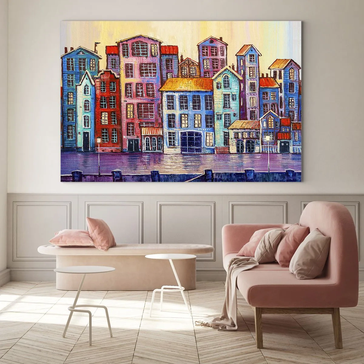 Obraz na szkle - Kolorowe kamienice odbijające się w wodzie - 70x50cm - Miasto jak z bajki - Nowoczesna dekoracja ścienna do salonu i sypialni ARTTOR