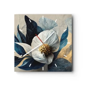 Zegar ścienny - Kwiat z błękitnymi liśćmi na eleganckim tle - 30x30cm - Ma złote serce - Nowoczesna dekoracja ścienna do salonu i sypialni ARTTOR