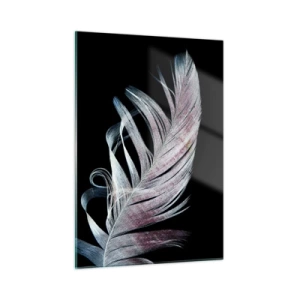 Obraz na szkle - Delikatne pióro na czarnym tle w artystycznym ujęciu - 50x70cm - Pomyśl o dotyku - Nowoczesna dekoracja ścienna do salonu, kuchni i sypialni ARTTOR