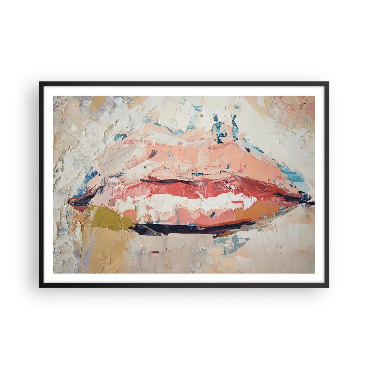 Plakat w czarnej ramie - Abstrakcyjna kompozycja przedstawiająca kobiece usta w pastelowych barwach - 100x70cm - Budzi zmysły - Nowoczesna dekoracja ścienna do salonu i sypialni ARTTOR