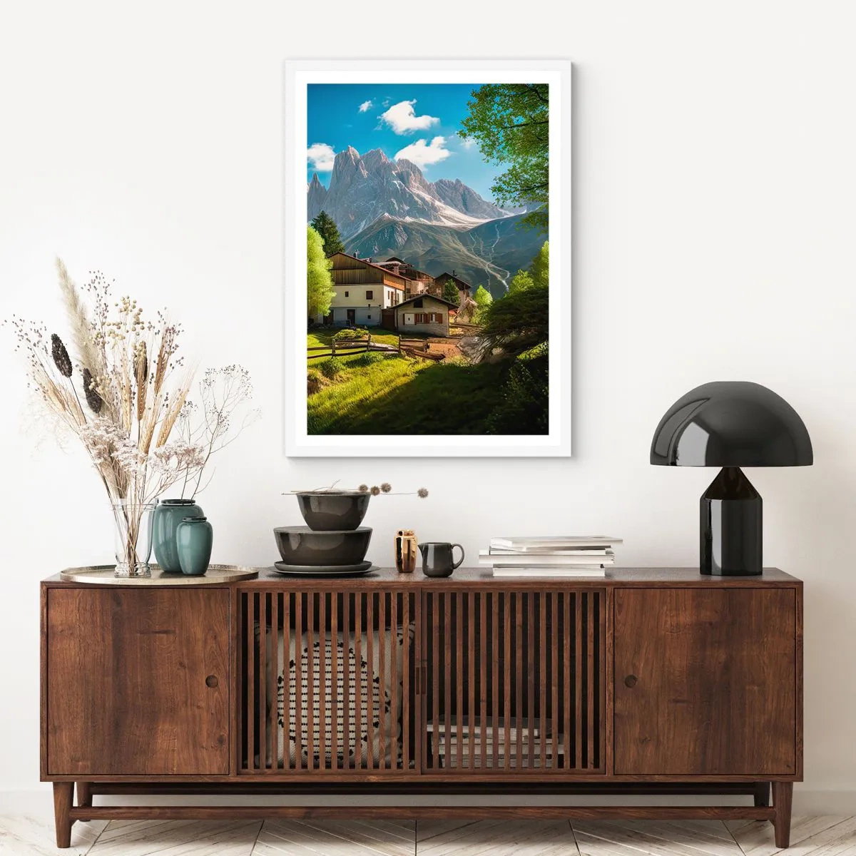 Plakat w białej ramie - Alpejska sielanka - 50x70 cm