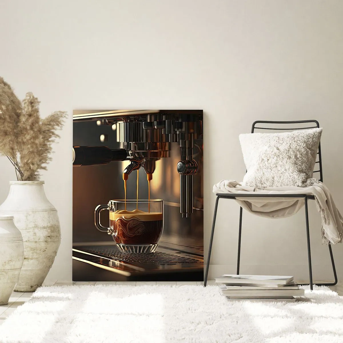 Obraz na szkle - Ekspres do kawy z filiżanką aromatycznego espresso - 70x100cm - Zmysłowa mikstura - Nowoczesna dekoracja ścienna do salonu i sypialni ARTTOR