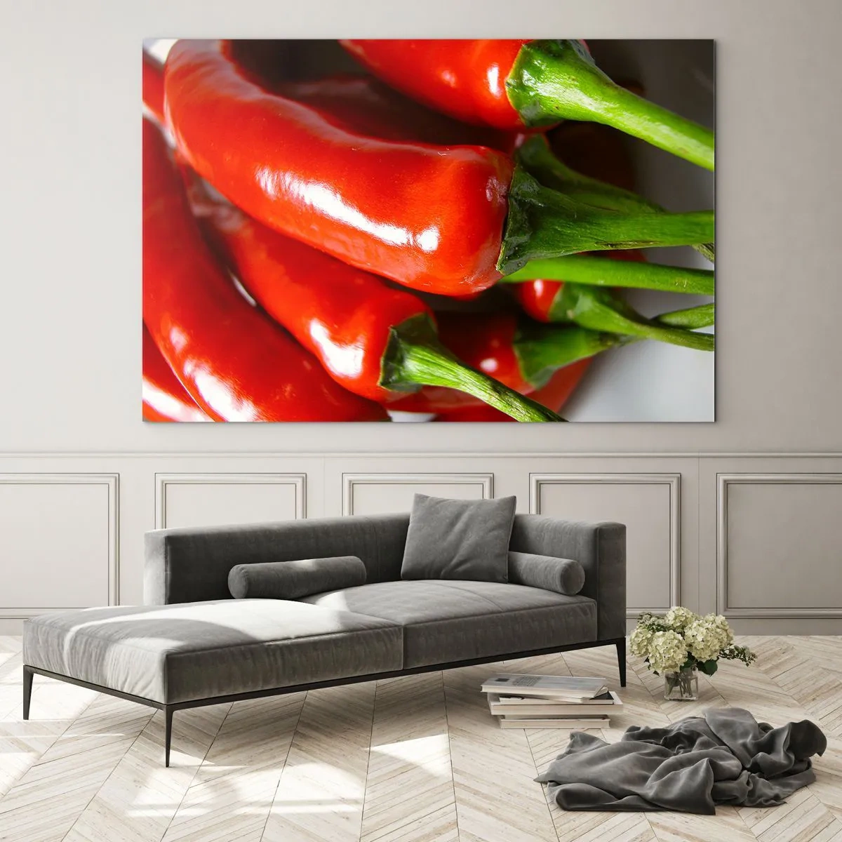 Obraz na szkle - Czerwone papryczki chili z zielonymi szypułkami - 70x50cm - Soczyste, błyszczące, gładkie - Nowoczesna dekoracja ścienna do salonu i sypialni ARTTOR