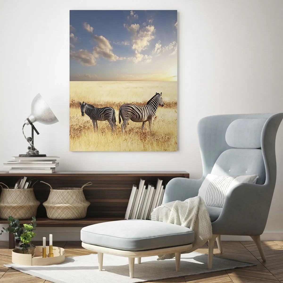 Obraz na szkle - Dwie zebry na sawannie o zachodzie słońca - 50x70cm - Idź stąd, nie mąć spokoju - Nowoczesna dekoracja ścienna do salonu, kuchni i sypialni ARTTOR