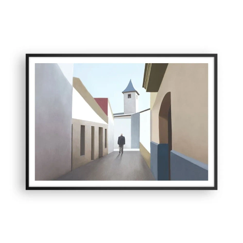 Plakat w czarnej ramie - Minimalistyczna uliczka z sylwetką mężczyzny w tle - 100x70cm - Słoneczny spacer - Nowoczesna dekoracja ścienna do salonu i sypialni ARTTOR