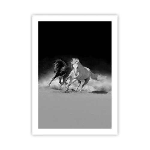Plakat - Galopujące konie na tle monochromatycznej scenerii - 50x70cm - Galop wolności - Nowoczesna dekoracja ścienna do salonu, kuchni i sypialni ARTTOR